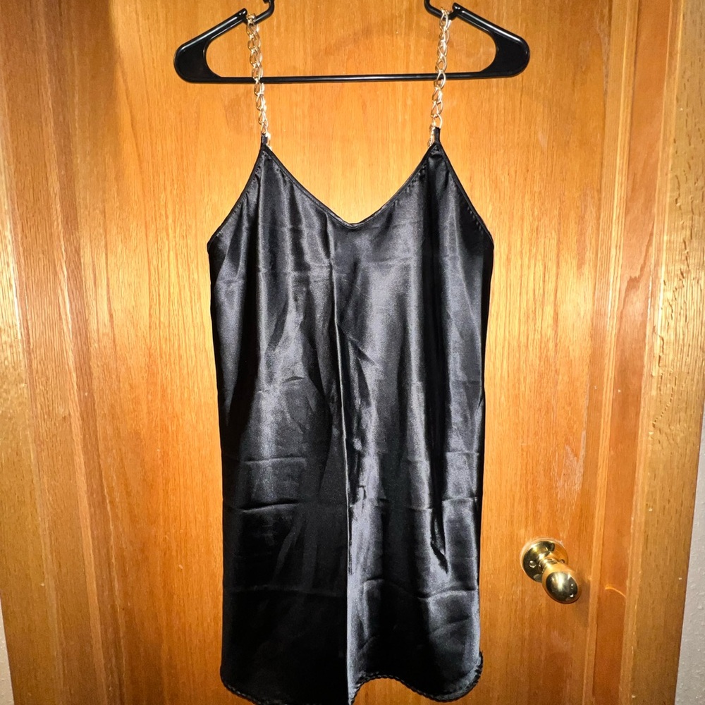 Black Satin Dress with Chain Detail
